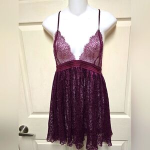 Victoria's Secret Fly Away Burgundy Maroon Lingerie Plisse Lace Babydoll Sz Lg